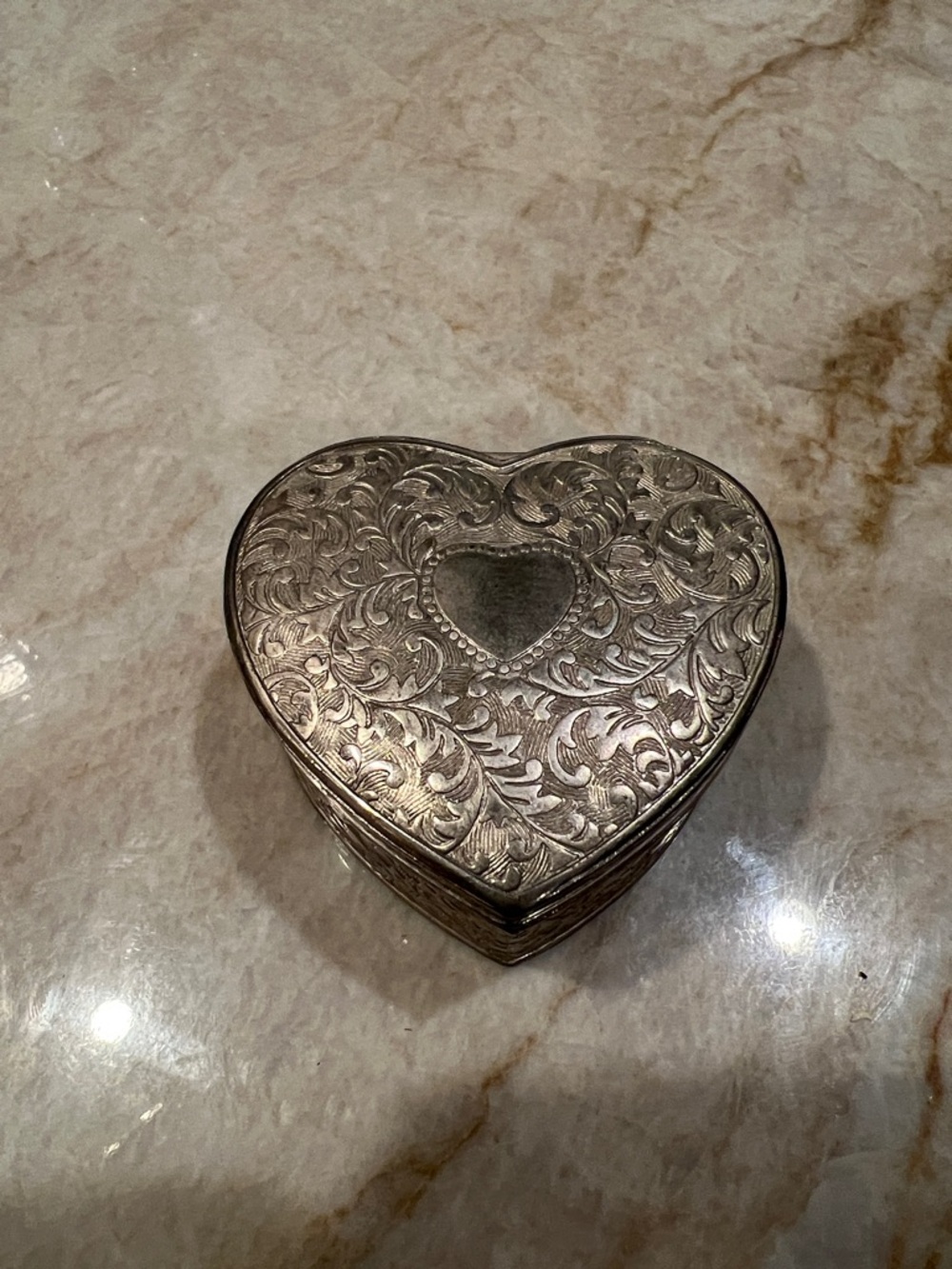 Heart-Shaped Silver Tone Jewelry Box with Red Velvet Lining